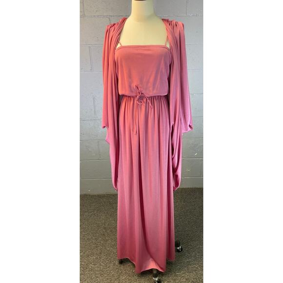 Vtg 70s Dusty Rose Pink Dress Duster 2 Piece Set Prairie Dress Prom Formal SM MD - Picture 4 of 10